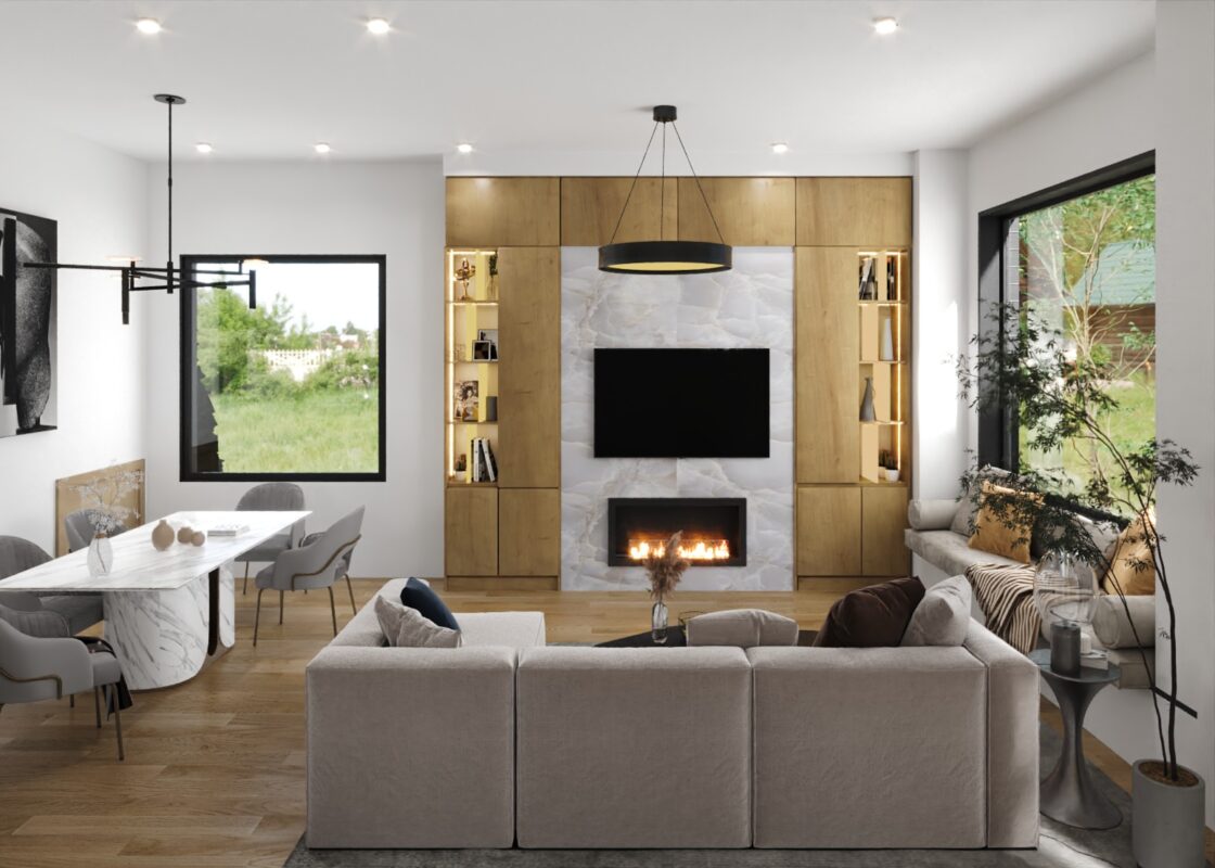 West Vancouver residence living room, 3D rendering
