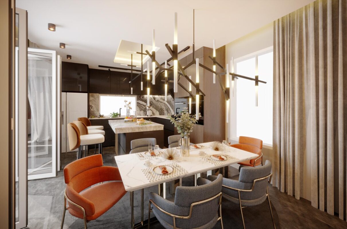 Contemporary residence interior, 3D rendering, view 3