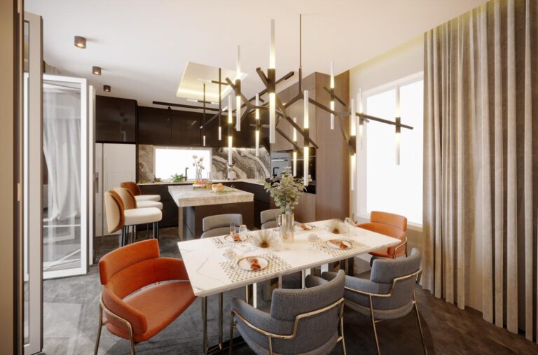 Contemporary residence interior, 3D rendering, view 3